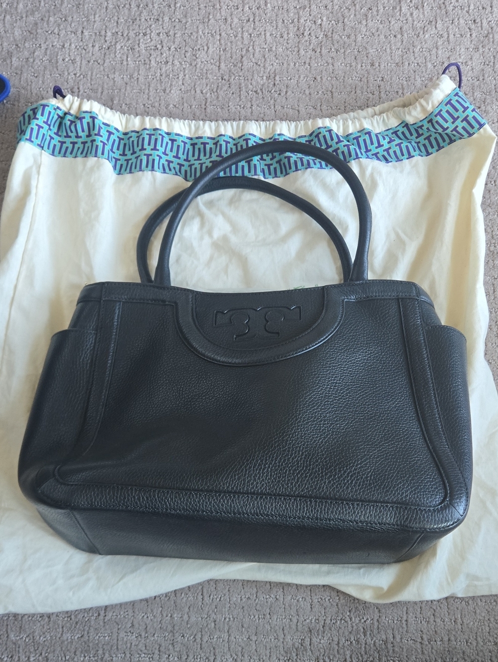 Tory Burch Black Pebbled Leather Tote with Double Handles